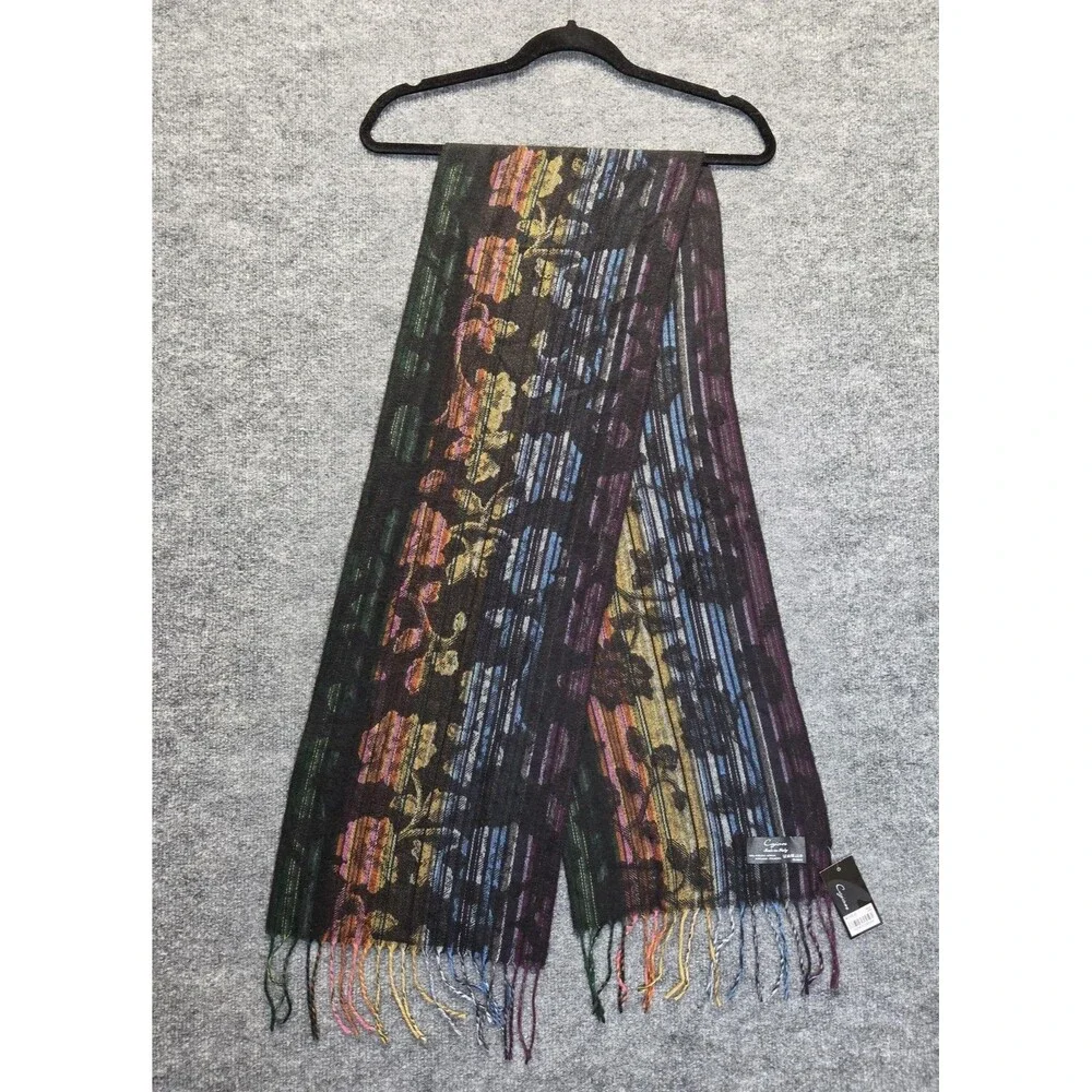 Cejon Scarf Women One Size Black Multicolor Floral Stripe Fringe Knit Italy Luxe